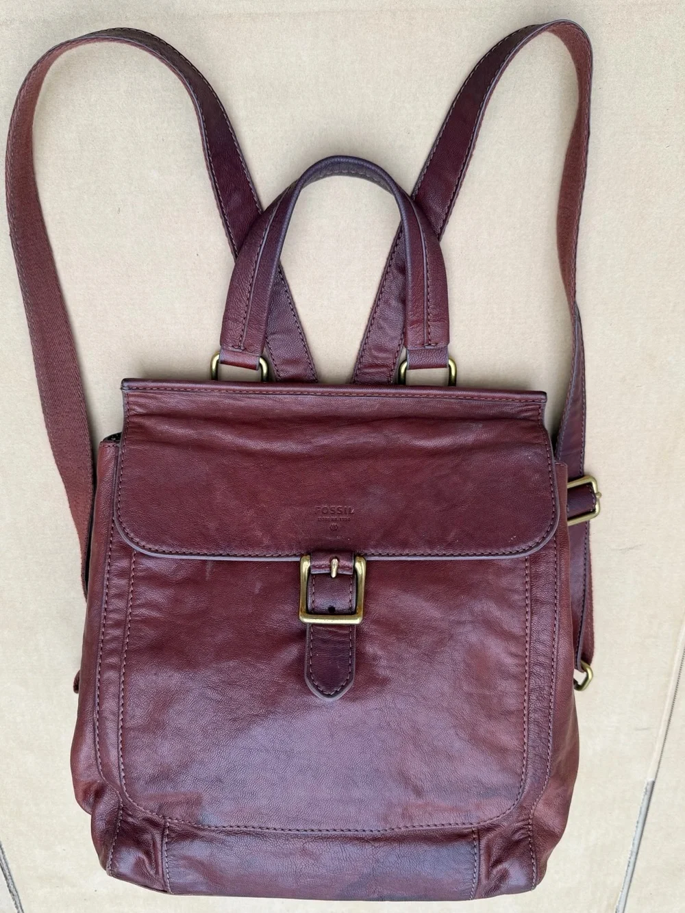 Vintage Fossil Leather Convertible Backpack Tote Burgundy Brown Distressed Bag